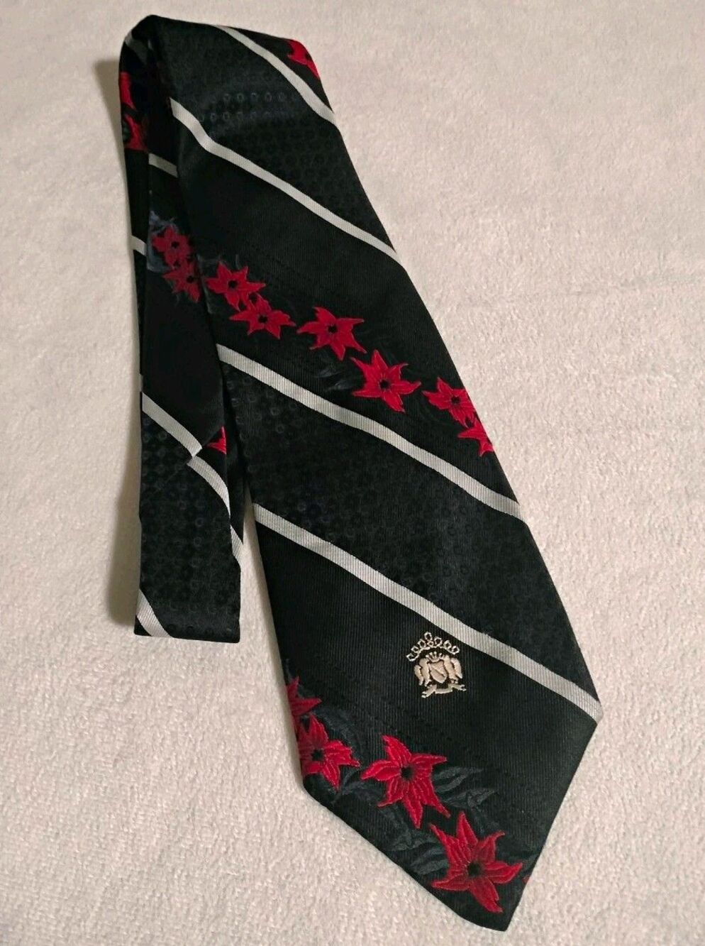 Oleg Cassini by Burma Men's Tie Black Red Gray Striped Floral Logo Accent Vtg